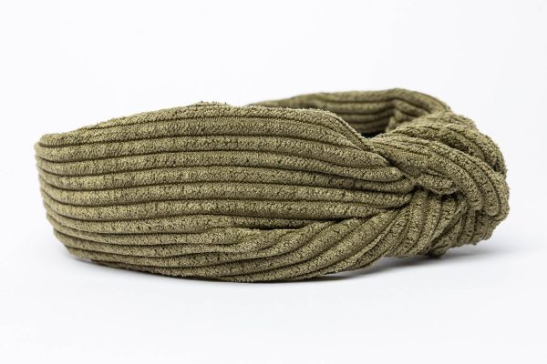 olive green corduroy knot headband for women.