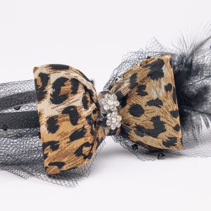 Leopard print bow headband with black feathers and crystal detail for girls