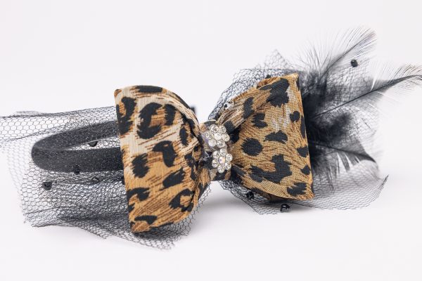 Leopard print bow headband with black feathers and crystal detail for girls